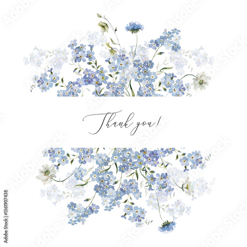 Obraz na plátně Watercolor blue white green floral illustration