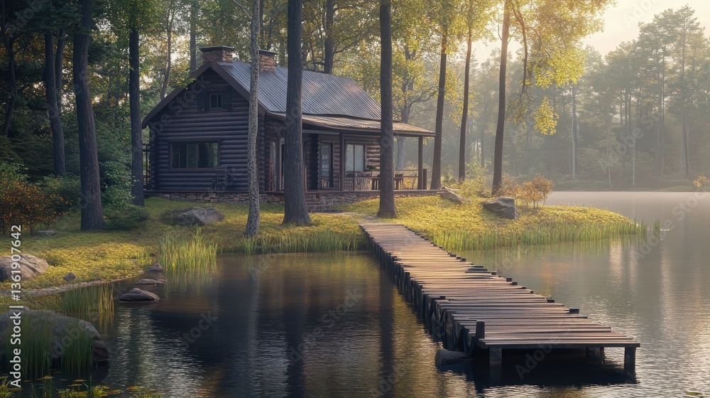 Fototapeta premium Serene lakeside cabin surrounded by trees at sunrise with calm waters