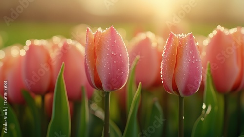 Pink tulips with dew drops blooming in a sunlit garden  