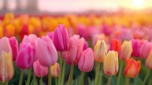 Vibrant tulip field blooming at sunset  