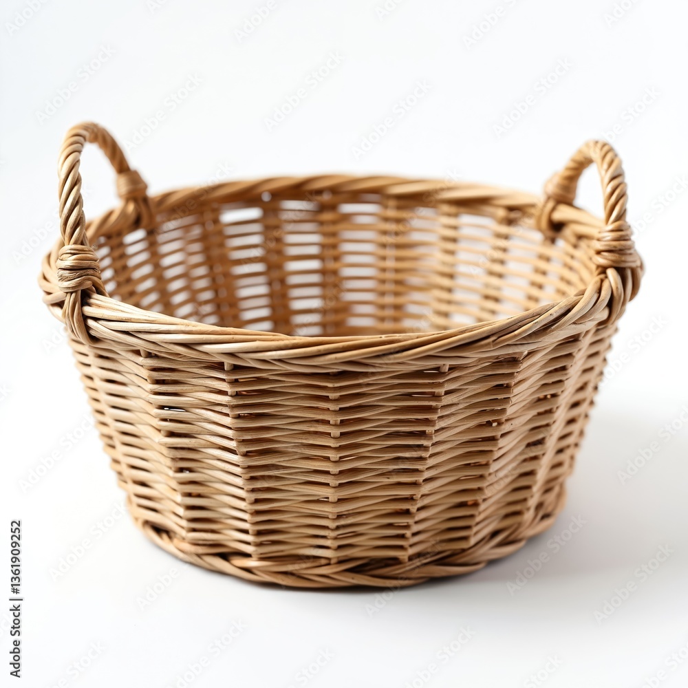 Empty woven wicker basket on white background. Rustic container with handles. Natural handmade storage for picnic, Easter, market, home. Traditional style design. Empty woven wicker basket on white background. Rustic container with handles. Natural handmade storage for picnic, Easter, market, home. Traditional style design.
