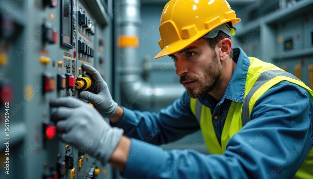 Wind turbine technician works on control system. Engineer in full safety gear and helmet. Renewable energy tech. Modern wind farm industry, sustainable power, environmental, efficiency. Wind turbine technician works on control system. Engineer in full safety gear and helmet. Renewable energy tech. Modern wind farm industry, sustainable power, environmental, efficiency.