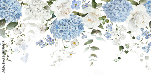 Seamless watercolor floral border. Hydrangea, myosotis, rose, peony. Blue green white flowers, leaves on white background. Fashion, fabric, pattern, wallpapers, prints, wedding invitations, clipart.