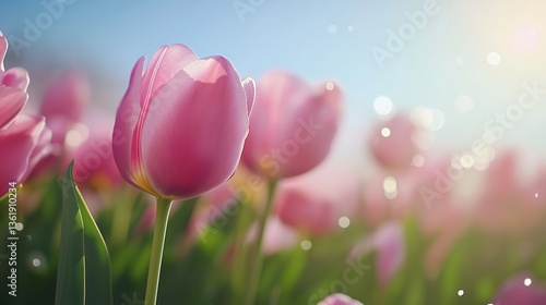 Pink tulips blooming in a sunlit field with a dreamy background  