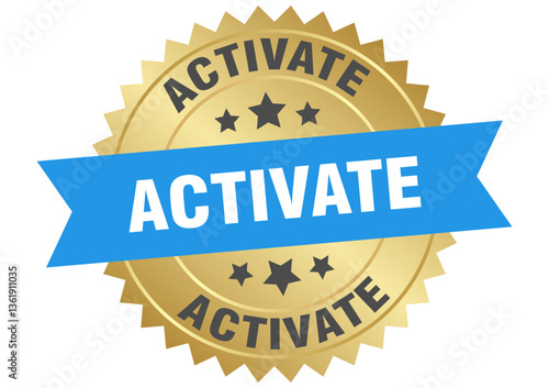 activate. activate round blue and gold label isolated on transparent background