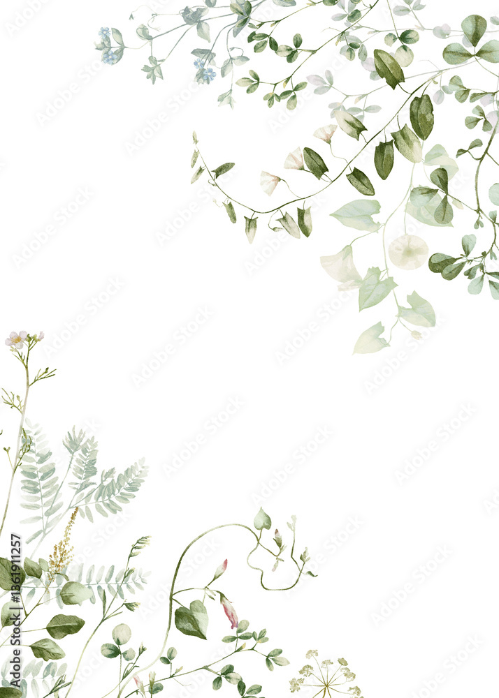 Fototapeta premium Watercolor wildflower floral illustration - green gold leaf flower ivy frame border, for wedding stationary, greetings, wallpapers, fashion, background, textile. Eucalyptus, olive, green leaves, etc.