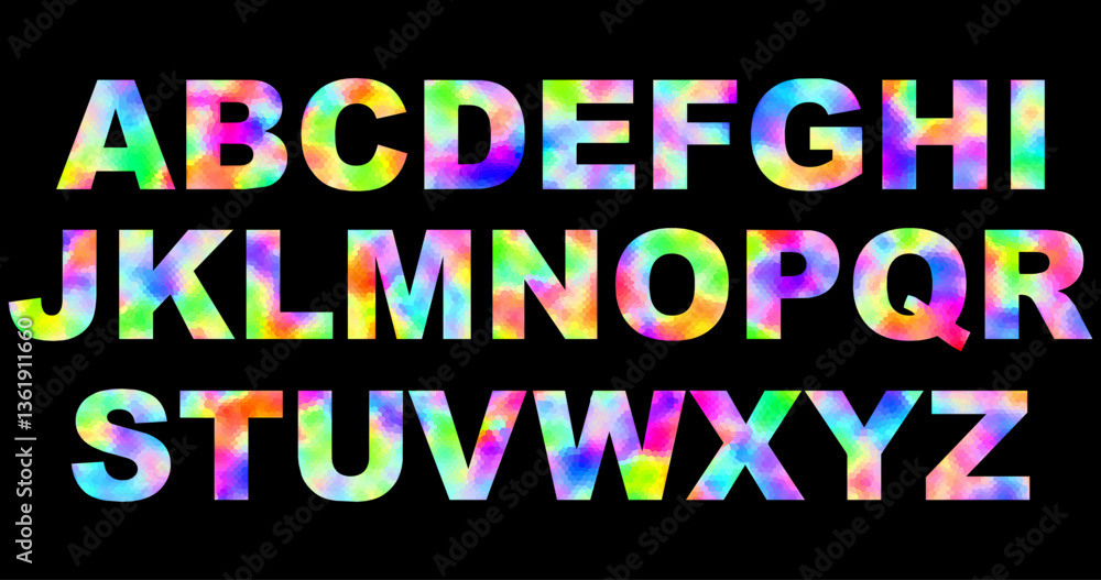 Bright alphabet letters filled with a mosaic pattern of multi-colored cells. Abstract style with geometric elements creates a stained glass effect on a black background. Bright alphabet letters filled with a mosaic pattern of multi-colored cells. Abstract style with geometric elements creates a stained glass effect on a black background.