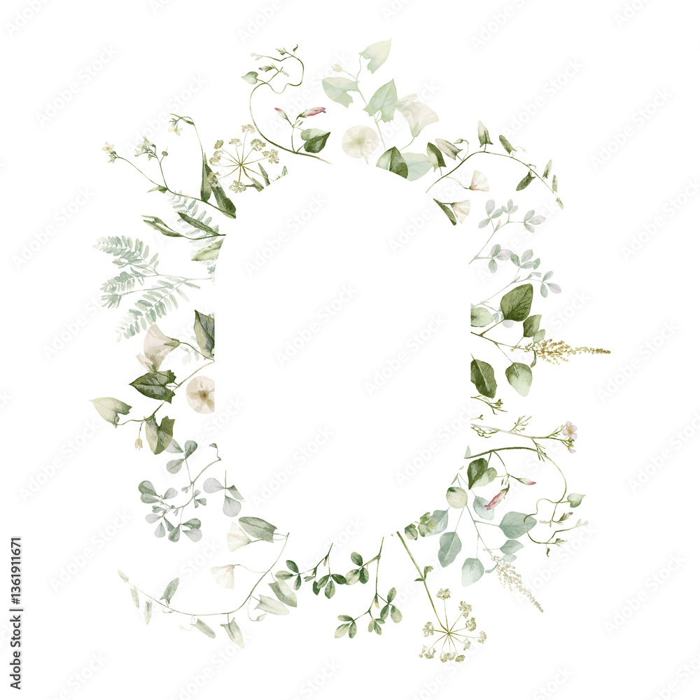 Fototapeta premium Watercolor wildflower floral illustration - green gold leaf flower ivy frame wreath, for wedding stationary, greetings, wallpapers, fashion, background, textile. Eucalyptus, olive, green leaves, etc.