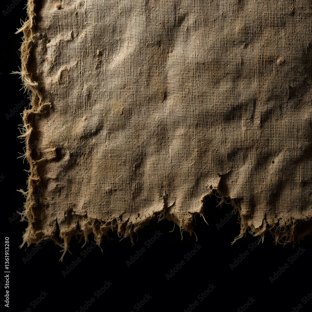Fototapeta premium Isolated Torn Fabric with Frayed Edges on a Dark Background