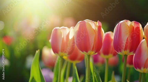 Vibrant tulips blooming in spring sunlight against a garden background  