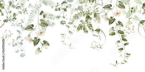 Watercolor wildflower floral seamless border - illustration with flowers, green leaves and branches, for wedding stationary greetings, wallpapers, fashion, backgrounds, textures, DIY, wrappers, cards.