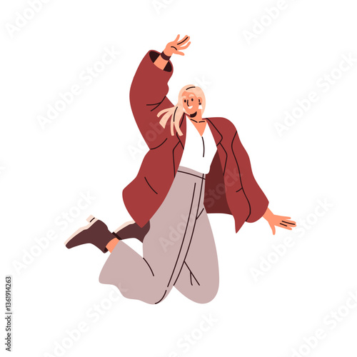 Happy woman jumping, arm up, celebrating success, smiling. Energetic business person, office worker, cheerful joyful emotion, greeting with hand. Flat vector illustration isolated on white background