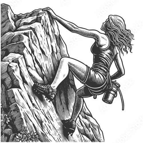 woman rock climbing, showcasing strength, adventure, and outdoor exploration sketch engraving generative ai fictional character vector illustration. Scratch board imitation. Black and white image.