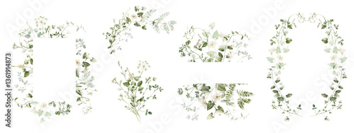 Watercolor wildflower floral illustration set - green gold flower daisy ivy wreath frame border bouquet. Wedding stationary, greetings, wallpaper, fashion, background, textile. Eucalyptus, olive, ivy.