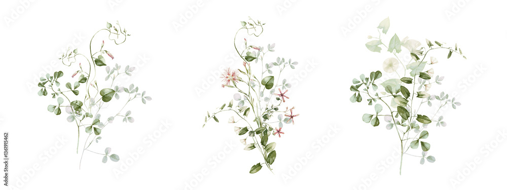 Fototapeta premium Watercolor wildflower floral illustration set - green gold flower daisy ivy wreath frame border bouquet. Wedding stationary, greetings, wallpaper, fashion, background, textile. Eucalyptus, olive, ivy.