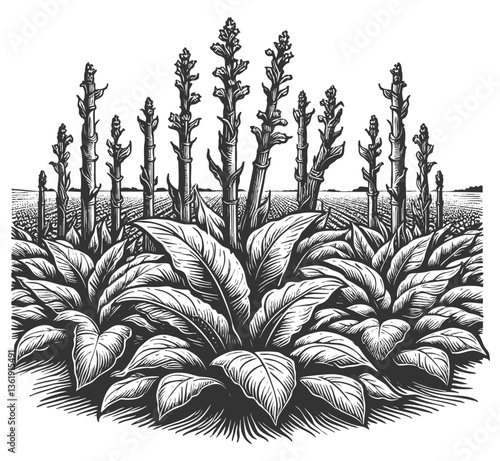 tobacco plants with rolled cigars arranged at the base, showcasing intricate engraving lines sketch engraving generative ai vector illustration. Scratch board imitation. Black and white image.