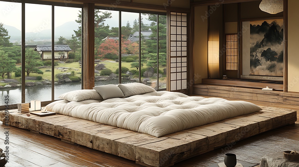 An interior bedroom showcasing a Japanese style minimalist design An interior bedroom showcasing a Japanese style minimalist design