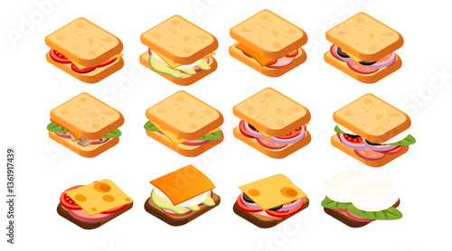 Isometric set of sandwiches. Toasted bread with different fillings. Cheese, meat, and vegetable ingredient. Grilled sandwiches. Fast food breakfast. Vector illustration isolated on white background