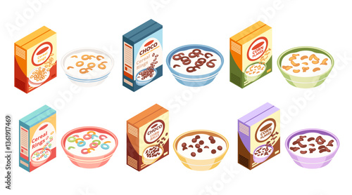 Isometric set of cereal boxes and bowls. Colorful breakfast food packaging. Cereal product containers. Prepared cereal in serving dishes. Vector illustration isolated on white background