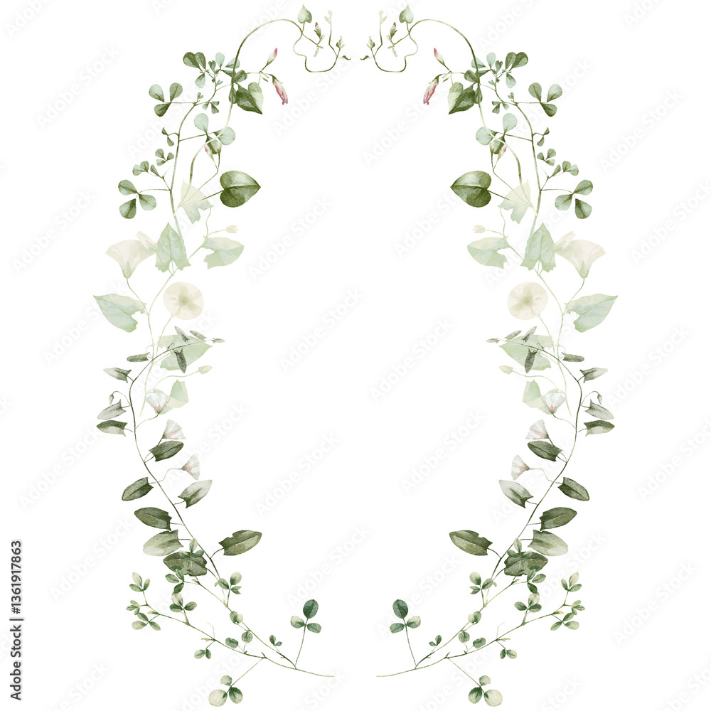 Obraz premium Watercolor wildflower floral illustration - green gold leaf flower ivy wreath frame, for wedding stationary, greetings, wallpapers, fashion, background, textile. Eucalyptus, olive, green leaves, etc.