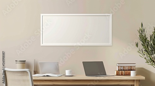 Wallpaper Mural A white rectangular frame above a wooden desk in a home office, surrounded by a laptop, a cup, and a book. HD 8K wallpaper Photographic Image Torontodigital.ca