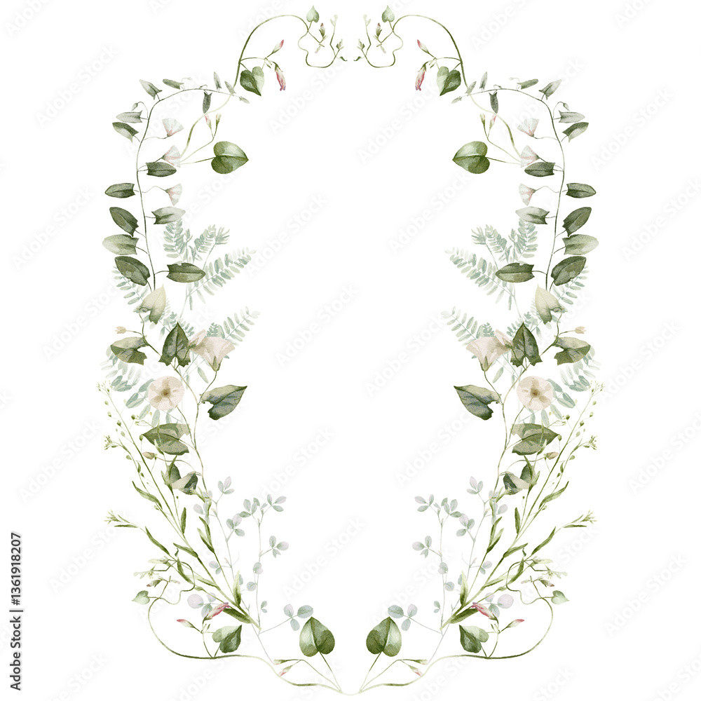 Fototapeta premium Watercolor wildflower floral illustration - green gold leaf flower ivy wreath frame, for wedding stationary, greetings, wallpapers, fashion, background, textile. Eucalyptus, olive, green leaves, etc.
