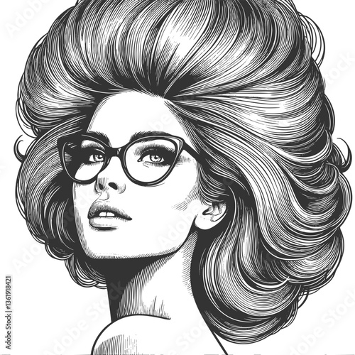 woman with large glasses and voluminous wavy hair, gazing thoughtfully sketch engraving generative ai fictional character vector illustration. Scratch board imitation. Black and white image.