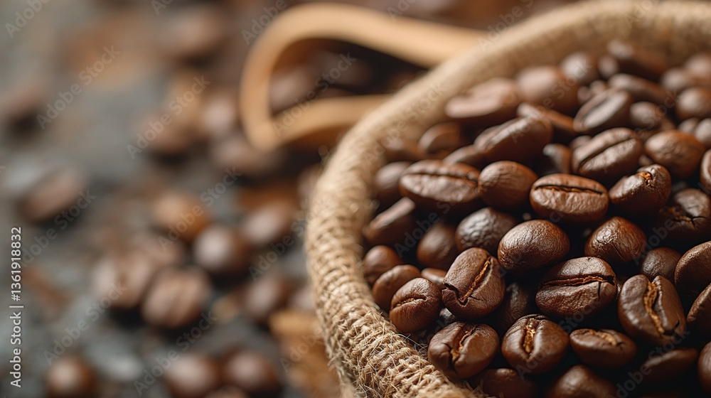 Fototapeta premium A close-up of rich, dark roasted coffee beans in a burlap sack, evoking a warm and inviting coffee shop atmosphere.
