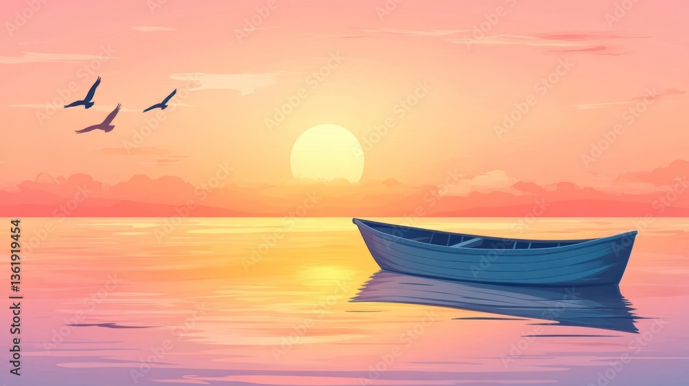 Calm sunset over tranquil water with a lone boat Calm sunset over tranquil water with a lone boat