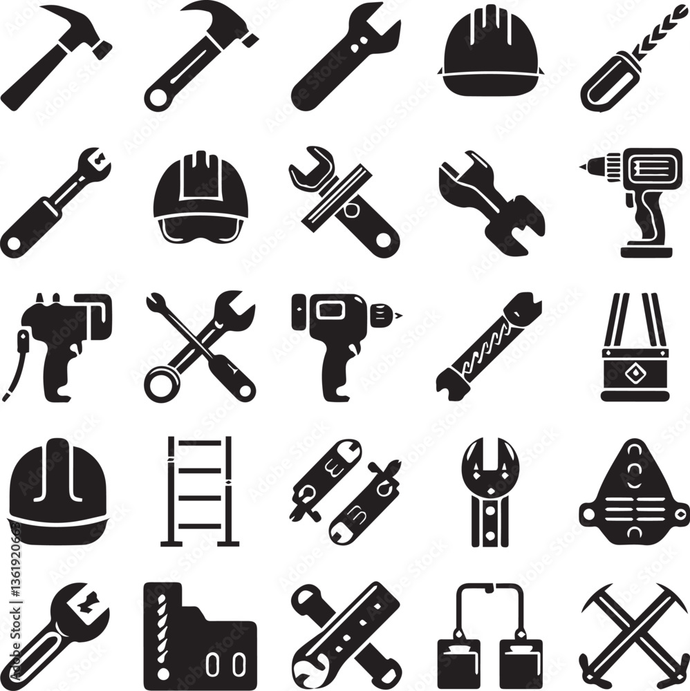 Vector illustration of a tool icon set with musical and construction elements Vector illustration of a tool icon set with musical and construction elements