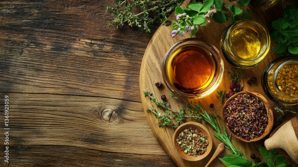 Fototapeta premium Herbal teas and spices in glass jars on wooden surface