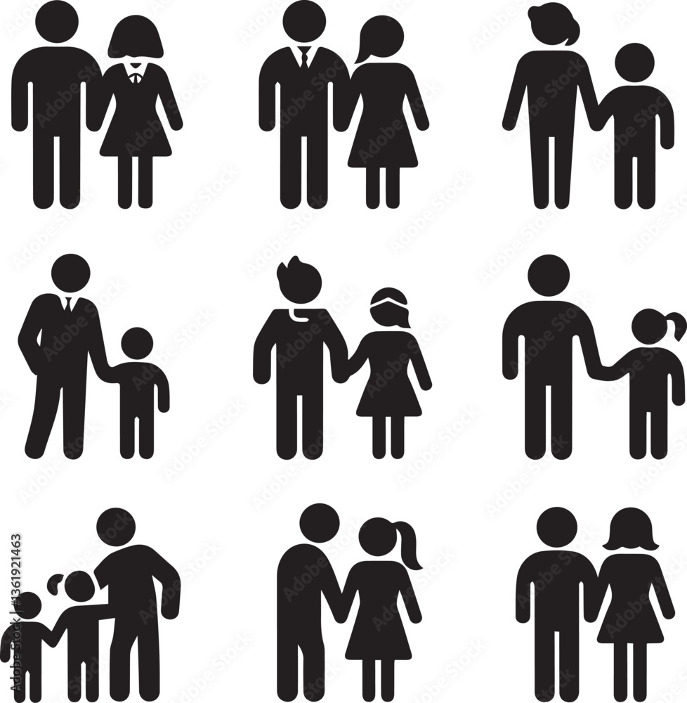 A set of family and people icons featuring silhouettes of men, women, children, and a couple, representing love, teamwork, and family concepts in a simple vector design A set of family and people icons featuring silhouettes of men, women, children, and a couple, representing love, teamwork, and family concepts in a simple vector design