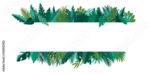 Lush tropical leaves concept frame, dense exotic foliage in green and blue tones, creating a jungle effect, perfect for plant decoration, graphic design, nature-themed backgrounds