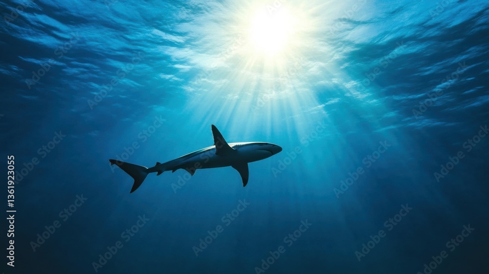 Majestic Shark Gliding Through Deep Blue Ocean Water Under Sunlight Rays Vibrating Through Surface Ripples in Underwater Bliss Majestic Shark Gliding Through Deep Blue Ocean Water Under Sunlight Rays Vibrating Through Surface Ripples in Underwater Bliss