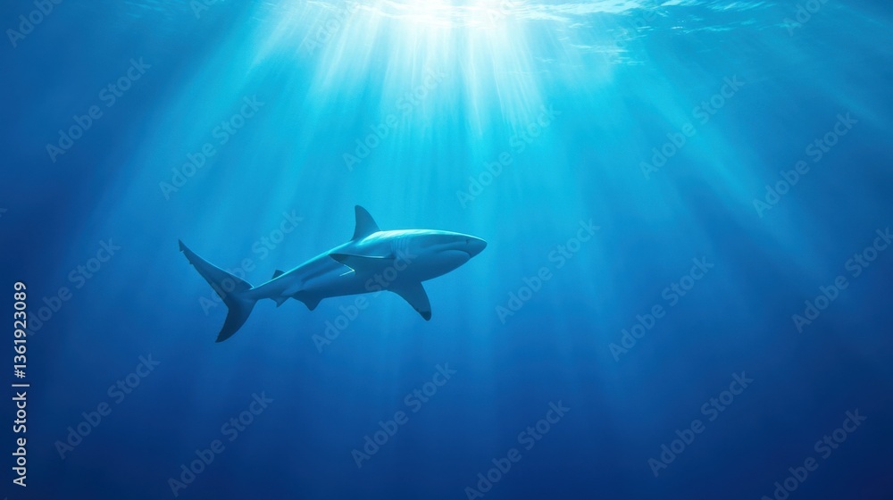 Fototapeta premium Majestic Shark Swimming in Serene Blue Ocean Depths with Sunlight Rays Streaming Through the Water Surface
