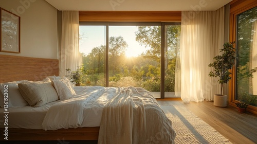 This tranquil master bedroom features a wooden headboard and soft textiles, with expansive windows that allow natural light and a stunning view of greenery to enter the space
