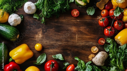 Colorful fresh vegetables on rustic wooden background