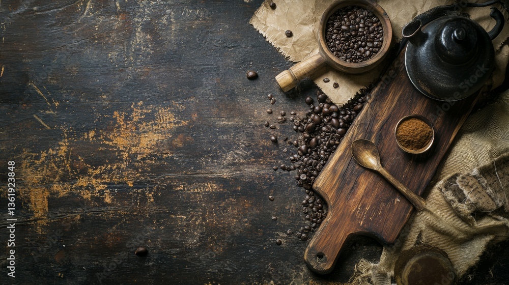 Rustic coffee setup with dark mugs and beans on wood surface Rustic coffee setup with dark mugs and beans on wood surface
