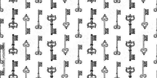 Seamless pattern of drawn old keys collection, vector background, paper, wallpaper, fabric