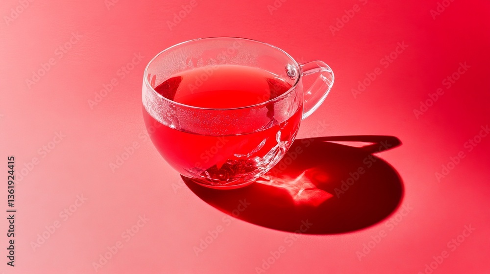 Glass cup of red herbal tea on vivid red background with shadow Glass cup of red herbal tea on vivid red background with shadow