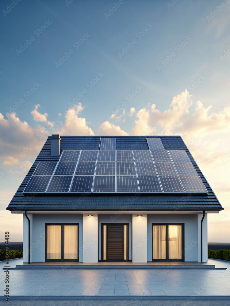 Fototapeta premium Modern House with Solar Panels Under Clear Blue Sky and Clouds at Dusk