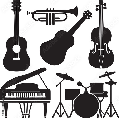 Set of musical instruments including violin, guitar, piano, cello, bass, and more, in a vector illustration style