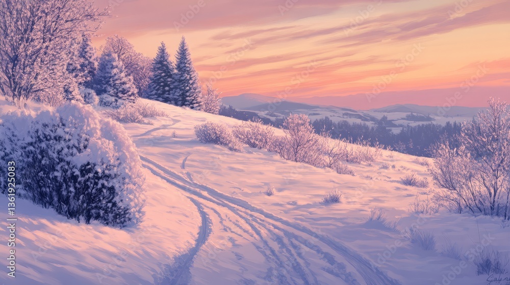 A snow-covered hill dotted with frosted bushes and trees, a soft sunset casting a pink glow over the landscape as the snow sparkles in the fading light. A snow-covered hill dotted with frosted bushes and trees, a soft sunset casting a pink glow over the landscape as the snow sparkles in the fading light.