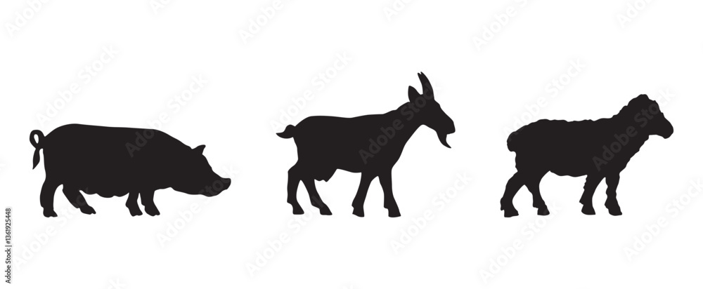 Obraz premium Silhouettes of different farm animals, goat, sheep, pig, vector illustration isolated on white