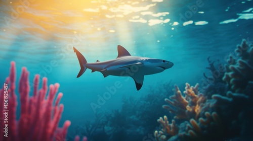 Wallpaper Mural Serene Underwater Scene with Shark Swimming Gracefully Among Vibrant Coral and Colorful Marine Life Beneath Soft Sunlight Filtering Through Water Surface Torontodigital.ca
