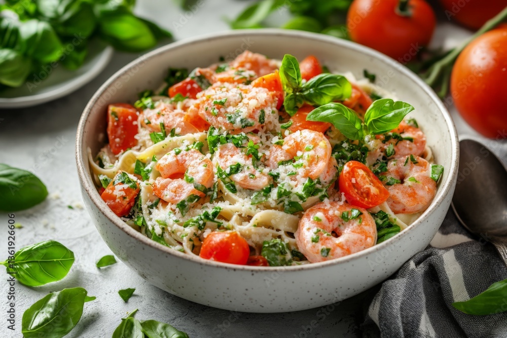 Delicious shrimp pasta served with fresh tomatoes and basil in a cozy kitchen setting Delicious shrimp pasta served with fresh tomatoes and basil in a cozy kitchen setting
