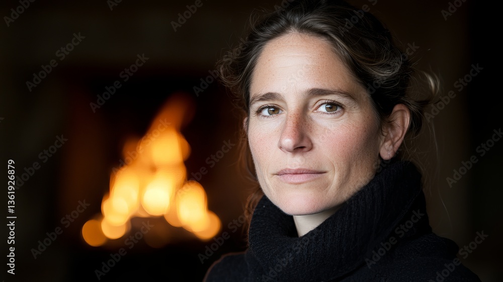 Thoughtful caucasian female in black sweater by warm fireplace Thoughtful caucasian female in black sweater by warm fireplace