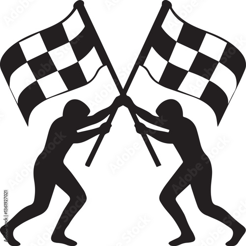 Silhouette of Two Racers Holding Crossed Checkered Flags Isolated White Background 