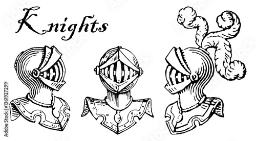 Outline hand drawn heads of medieval knights in armor, vector illustration isolated on white