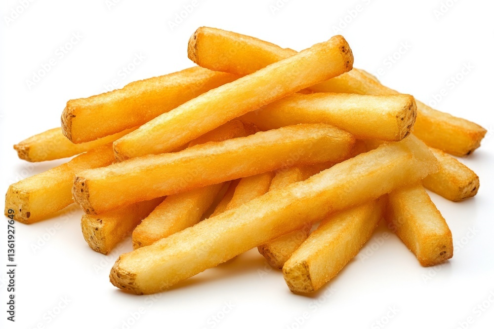 Crispy golden fries stacked neatly on a white plate, perfect for snacking at any time of day Crispy golden fries stacked neatly on a white plate, perfect for snacking at any time of day